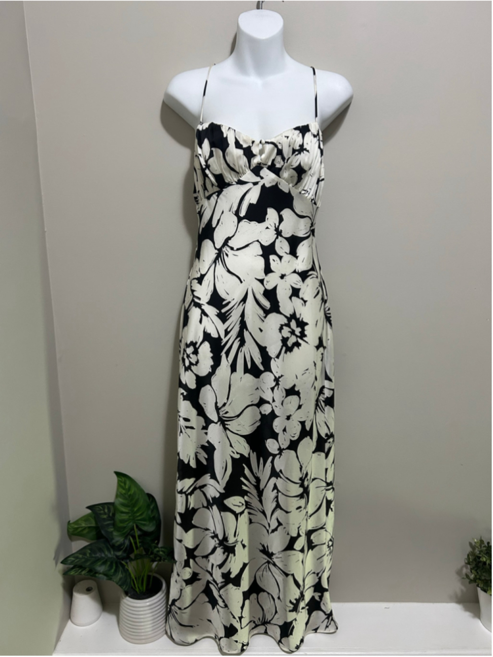 Women's Floral Maxi Slip Dress Size M Black & Cream